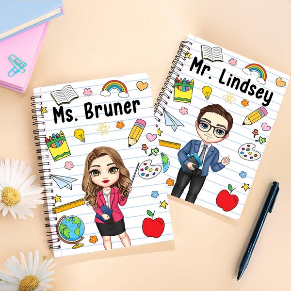Personalized Teacher Theme Teaching Tools Cartoon Character A5 Spiral Journal Notebook with Name Teachers' Day Back to School Gift for Teachers