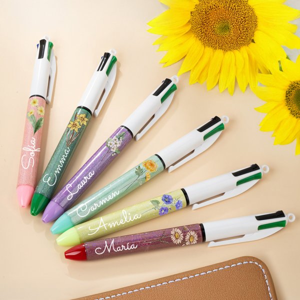Bolígrafo retráctil personalizado 4 en 1 con flor de nacimiento y nombre regalo para las fiestas y cumpleaños de enfermeras y maestros