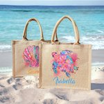 Personalized Watercolor Sea Turtle Dolphin Ocean Animals Large Jute Tote Bag with Name Travel Accessory Beach Party Birthday Gift for Women