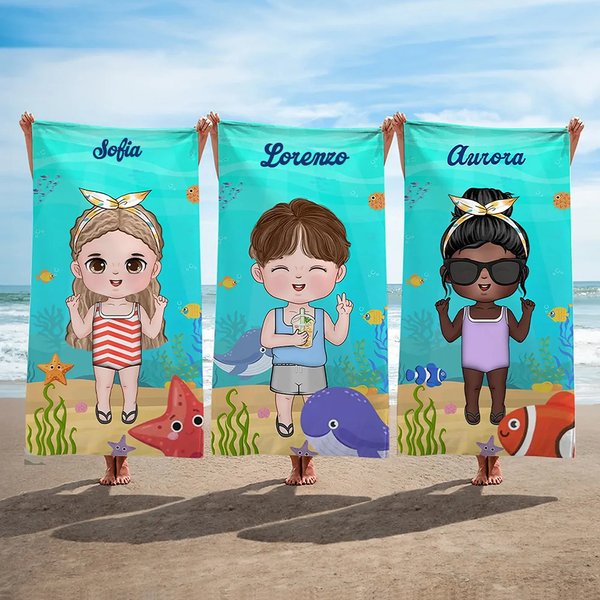 Asciugamano da spiaggia personalizzato con carino personaggio e nome tema degli animali marini asciugatura rapida regalo per famiglia