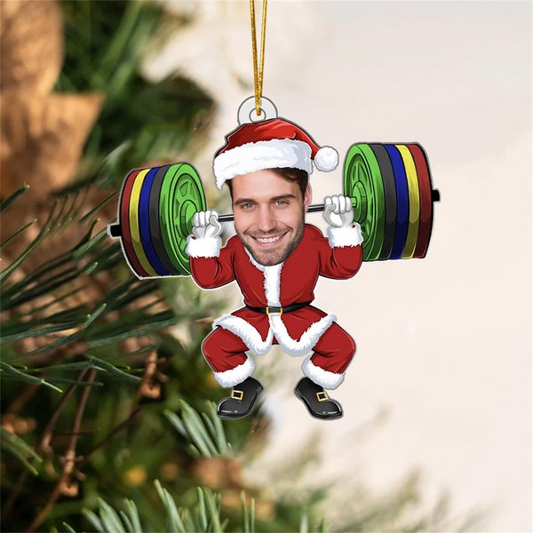 Henkilökohtainen kasvokuva Joulupukki Painonnosto ripustettu Acylic Ornament Funny Gym Christmas Tree Decor Lahja Fitness Lovers Workout Buddiesille