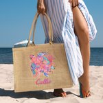 Personalized Watercolor Sea Turtle Dolphin Ocean Animals Large Jute Tote Bag with Name Travel Accessory Beach Party Birthday Gift for Women