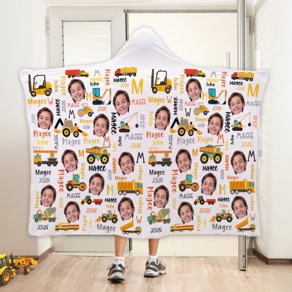 Personlig lastbil grävmaskin ansikte foto mjuk huva filt med initialer och namn födelsedagspresent för teknikfordon älskare
