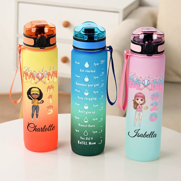 Personalized Gradient Baseball Mom Ice Cream Name 32 oz Water Bottle with Time Marker Mother's Day Competition Training Gift for Baseball Player Lover
