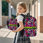 Personalised Colorful Graffiti Style Name Backpack Lunch Bag Pencil Case Set Back to School Birthday Gift for Boys Girls Students