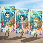 Toalla de playa personalizada de tema marino con personaje y nombre secado rápido regalo de viajes y fiestas en la playa para la familia