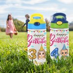 Personaje de dibujos animados personalizado Botella de agua isotérmica para niños de 12 oz con asa y pajita de silicona Regalo de cumpleaños de vuelta al cole para niños y niñas