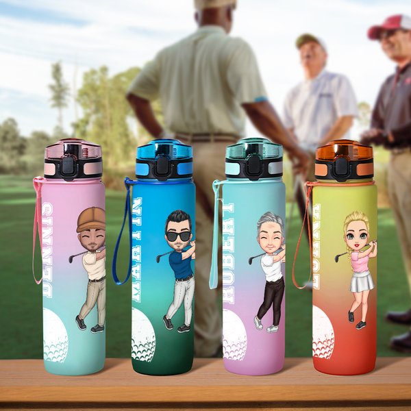 Personalisierte Cartoon Golf Charakter 32 oz Motivations Sport Wasserflasche mit Time Marker und Name Geburtstag Geschenk für Golf-Enthusiasten