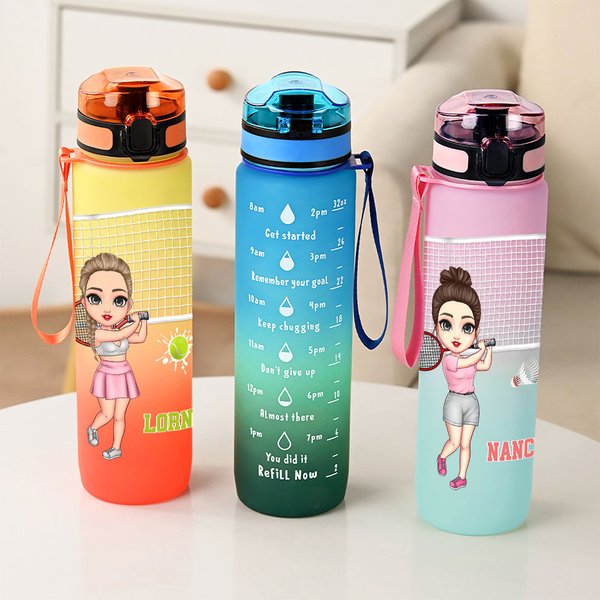 Personalised Tennis Badminton Pickleball Cartoon Character Name 32 oz Sport Water Bottle with Number Scale Birthday Gift for Sport Lovers