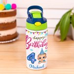 Personaje de dibujos animados personalizado Botella de agua isotérmica para niños de 12 oz con asa y pajita de silicona Regalo de cumpleaños de vuelta al cole para niños y niñas