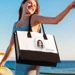 Personalized Blue Birth Flower Cartoon Character Black and White Canvas Tote Bag with Name Travel Essentials Birthday Wedding Gift for Women Girls