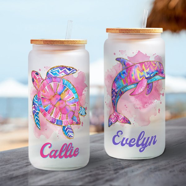 Personalisierte Aquarell Ozean Elemente 20 oz mattiertes Glas mit Namen und Stroh Reise Geburtstag Geschenk für Familie Freunde