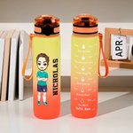 Personalized Gradient Cartoon Soccer Boy Girl 32 oz Leakproof Motivational Sports Water Bottle with Name and Time Marker Gift for Gym Soccer Lovers