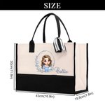 Personalized Blue Birth Flower Cartoon Character Black and White Canvas Tote Bag with Name Travel Essentials Birthday Wedding Gift for Women Girls
