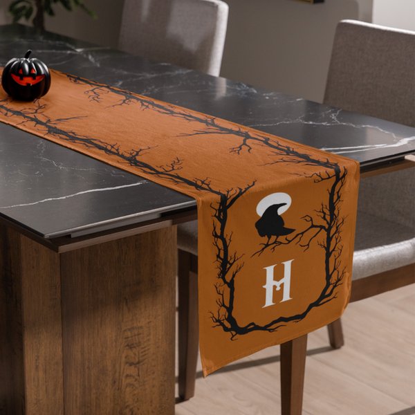 Personalised Crow Orange Spooky Table Runner with Initial Home Decor Housewarming Halloween Gift for Family Friend