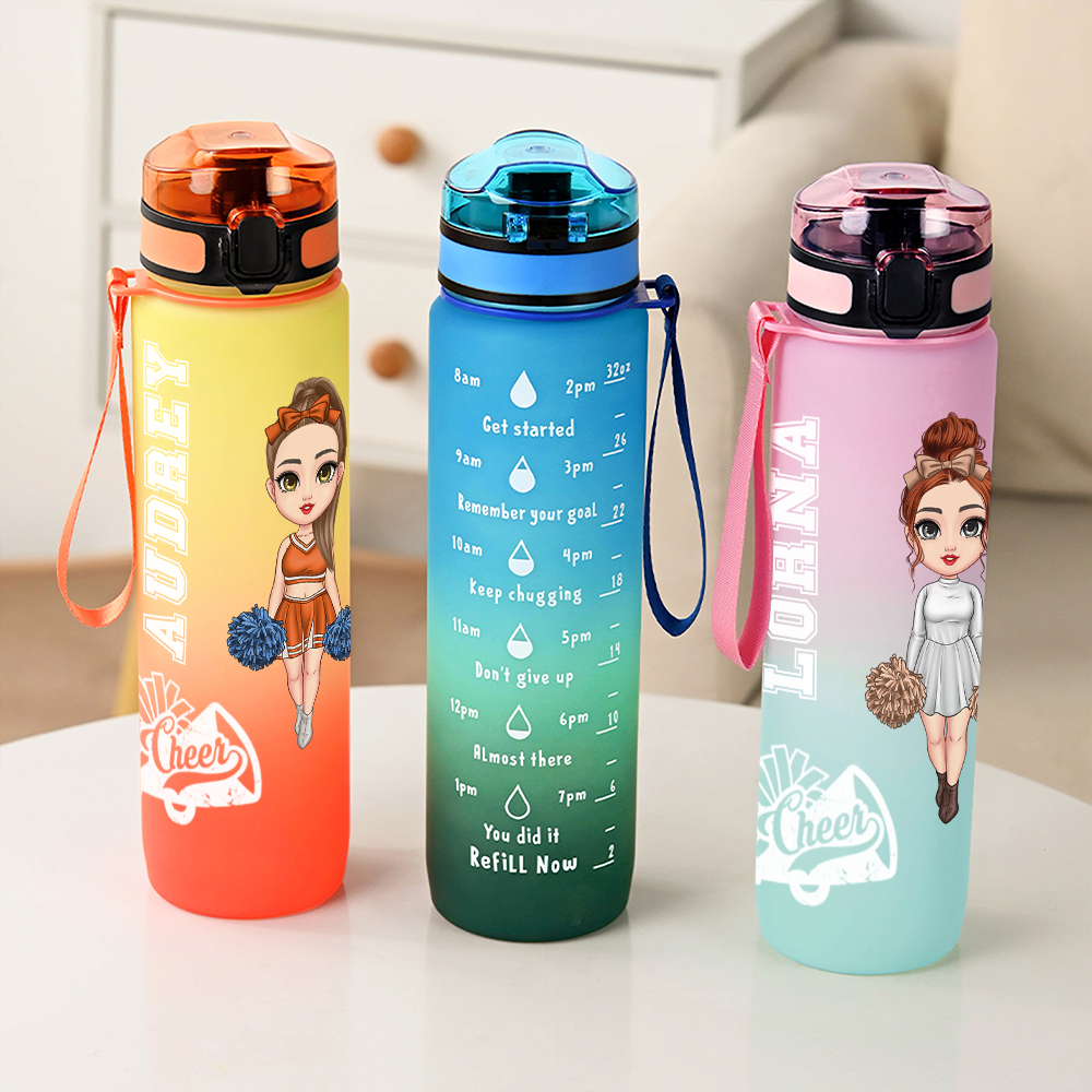 Bouteille d'eau de sport personnalisée avec nom et marqueur de temps pour meneuse de claques Cadeau d'anniversaire pour meneuse de claques