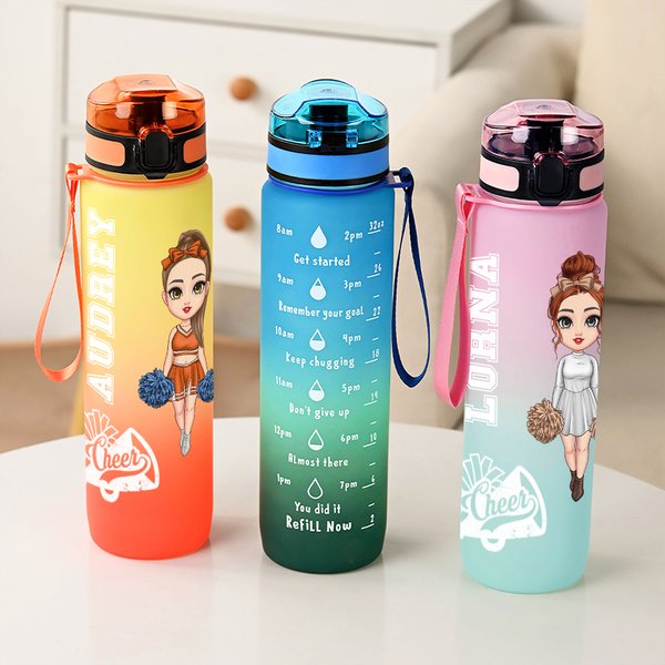 Gepersonaliseerde Cheerleading Girl Motivational Sports Water Bottle met Naam en Tijd Marker Verjaardag Sport Game Day Gift voor Cheerleader