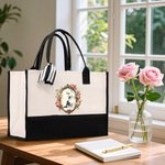 Gepersonaliseerde Aquarel Vintage Bloemen Frame Huisdier Portret Grote Canvas Tas met Naam Reizen Verjaardagscadeau voor Vrouwen Huisdierliefhebbers