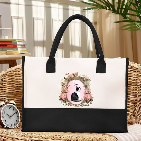 Sac Fourre-tout en Toile Personnalisé avec Nom et Motif d'Animal Comestique Style Aquarelle Vintage Cadeau Anniversaire pour Propriétaire des Animaux