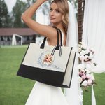 Personalized Blue Birth Flower Cartoon Character Black and White Canvas Tote Bag with Name Travel Essentials Birthday Wedding Gift for Women Girls