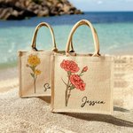 Personalized Birth Flower Large Beach Jute Tote Bag with Name Mother's Day Birthday Wedding Party Gift for Women