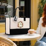 Gepersonaliseerde Aquarel Vintage Bloemen Frame Huisdier Portret Grote Canvas Tas met Naam Reizen Verjaardagscadeau voor Vrouwen Huisdierliefhebbers