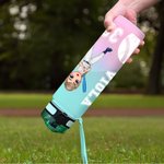 Personalized Cartoon Ball Sports Character 32 oz Water Bottle with Name Number and Time Marker Birthday Game Day Gift for Ball Sports Lovers