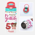 Personaje de dibujos animados personalizado Botella de agua isotérmica para niños de 12 oz con asa y pajita de silicona Regalo de cumpleaños de vuelta al cole para niños y niñas