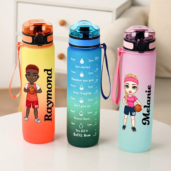Personalised Gradient Cartoon Basketball Theme 32 oz Leakproof Motivational Sports Water Bottle with Name and Time Marker Gift for Basketball Lovers
