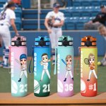 Personalized Cartoon Ball Sports Character 32 oz Water Bottle with Name Number and Time Marker Birthday Game Day Gift for Ball Sports Lovers