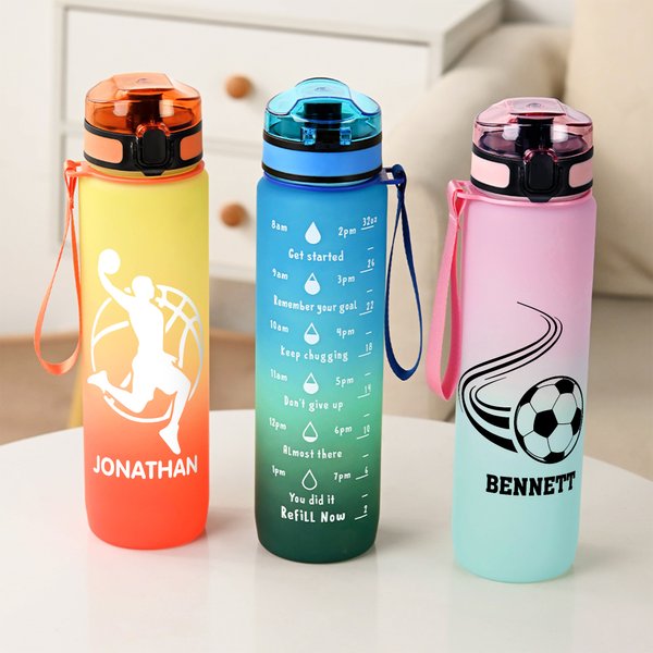 Personalized Basketball Football Sports 32 oz Motivational Sport Water Bottle with Time Marker and Name Game Day Birthday Gift for Ball Sports Lover