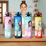 Personligt namn på tecknad fitnesskaraktär 32 oz Gradient vattenflaska med tidsmarkör Motiverande födelsedagssportgåva för kvinnor som älskar fitness