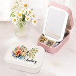 Boîte à bijoux en cuir PU avec nom et miroir de maquillage LED de couleur changeante Cadeau d'anniversaire et de mariage pour femmes