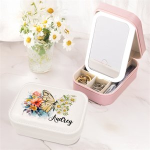 Boîte à bijoux en cuir PU avec nom et miroir de maquillage LED de couleur changeante Cadeau d'anniversaire et de mariage pour femmes
