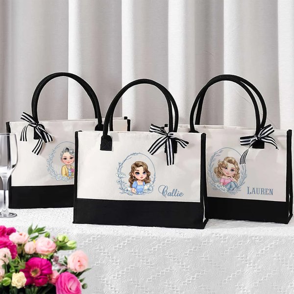 Personalized Blue Birth Flower Cartoon Character Black and White Canvas Tote Bag with Name Travel Essentials Birthday Wedding Gift for Women Girls