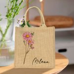 Personalized Birth Flower Large Beach Jute Tote Bag with Name Mother's Day Birthday Wedding Party Gift for Women