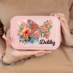 Boîte à bijoux en cuir PU avec nom et miroir de maquillage LED de couleur changeante Cadeau d'anniversaire et de mariage pour femmes