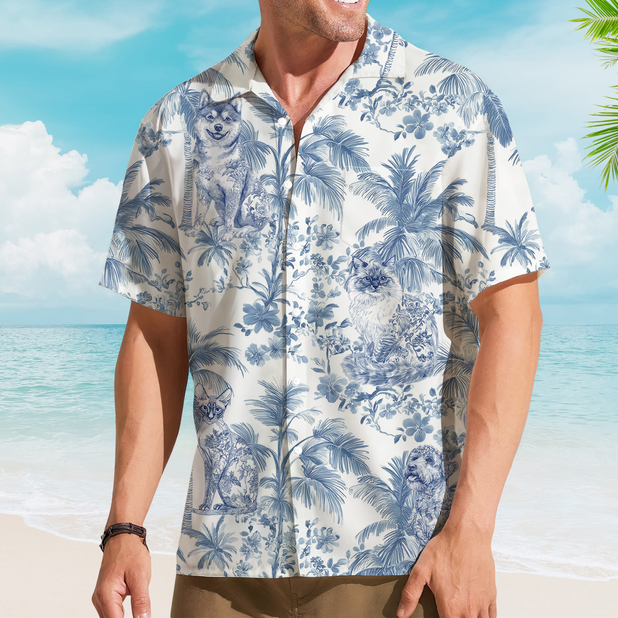 Personnalisé Retro Toile De Jouy Style Dog Cat Portrait Hawaiian Unisex Shirt Birthday Summer Vacation Gift for Pet Lovers Owners