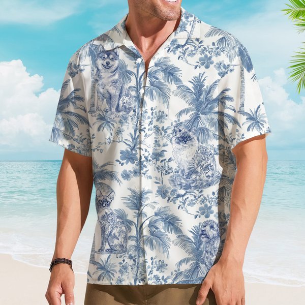 Personalised Retro Toile De Jouy Style Dog Cat Portrait Hawaiian Unisex Shirt Birthday Summer Vacation Gift for Pet Lovers Owners