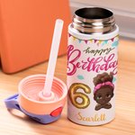 Personaje de dibujos animados personalizado Botella de agua isotérmica para niños de 12 oz con asa y pajita de silicona Regalo de cumpleaños de vuelta al cole para niños y niñas