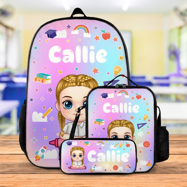 Personalized Multicolor Rainbow Book Cartoon Character Backpack Lunch Bag Pencil Case Set with Name Back to School Birthday Gift for Boys Girls