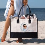 Personalized Blue Birth Flower Cartoon Character Black and White Canvas Tote Bag with Name Travel Essentials Birthday Wedding Gift for Women Girls