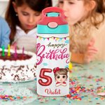 Personaje de dibujos animados personalizado Botella de agua isotérmica para niños de 12 oz con asa y pajita de silicona Regalo de cumpleaños de vuelta al cole para niños y niñas