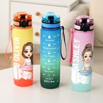 Personalisierte Cartoon Yoga Mädchen Gradient 32 oz Wasserflasche mit Namen und Zeit Marker Ausbildung Hydratation Geburtstag Geschenk für Yoga-Liebhaber Frauen Mädchen