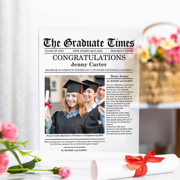 Targa in acrilico personalizzata in stile giornale con foto e messaggio dei genitori, con nomi, data e base Regalo di laurea per laureati, anniversario e decorazione domestica