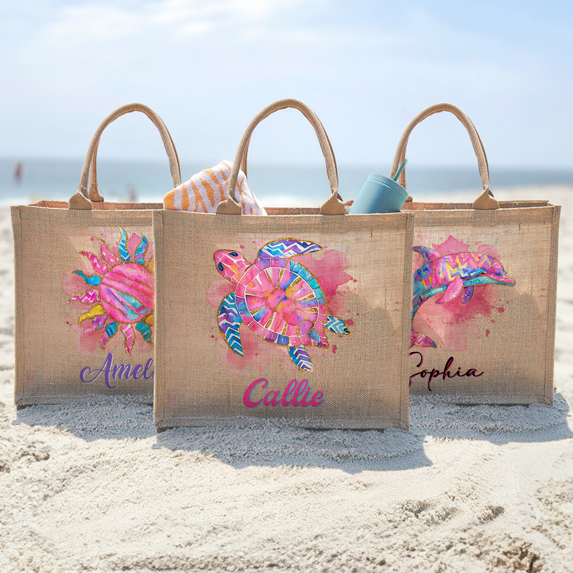 Sac Fourre-Tout Personnalisé avec Motifs Tortue Dauphin Océan en Aquarelle et Nom Cadeau Voyage Plage Anniversaire pour Femme
