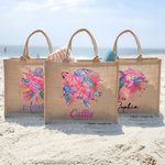 Personalized Watercolor Sea Turtle Dolphin Ocean Animals Large Jute Tote Bag with Name Travel Accessory Beach Party Birthday Gift for Women