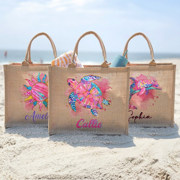 Personalised Watercolor Sea Turtle Dolphin Ocean Animals Large Jute Tote Bag with Name Travel Accessory Beach Party Birthday Gift for Women