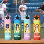 Personalisierte Softball Baseball Cartoon Charakter 32 oz Motivations Sport Wasserflasche mit Namen und Zeit Marker Geburtstag Geschenk für Sportliebhaber