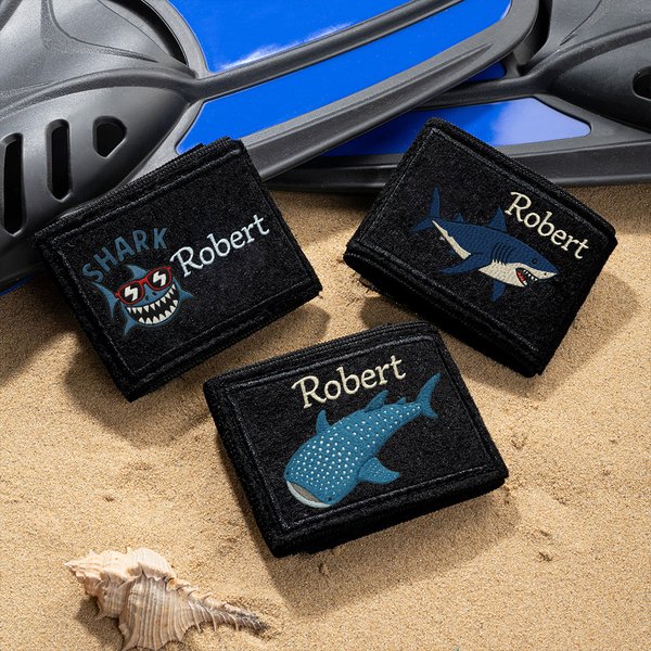 Personalisiertes Besticktes Hai-Motiv Tarierjacken-Kennzeichnungsetikett mit Namensgravur Wassersport Zubehör Geschenk für Tauchen-Liebhaber